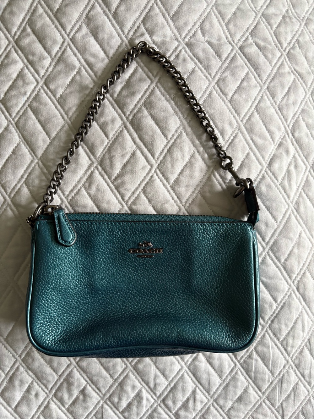 Coach Teal Pebbled Leather Large Wristlet with Chain Strap